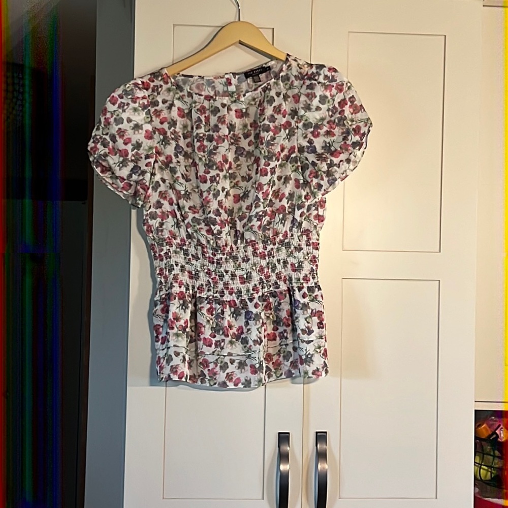 Ted Baker top, floral print, smocked waist, double ruffle hem, size 3